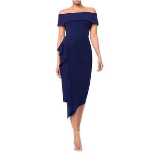 NWOT Betsy & Adam Navy Women Off-The-Shoulder Asymmetric Ruffle Cocktail Dress 4